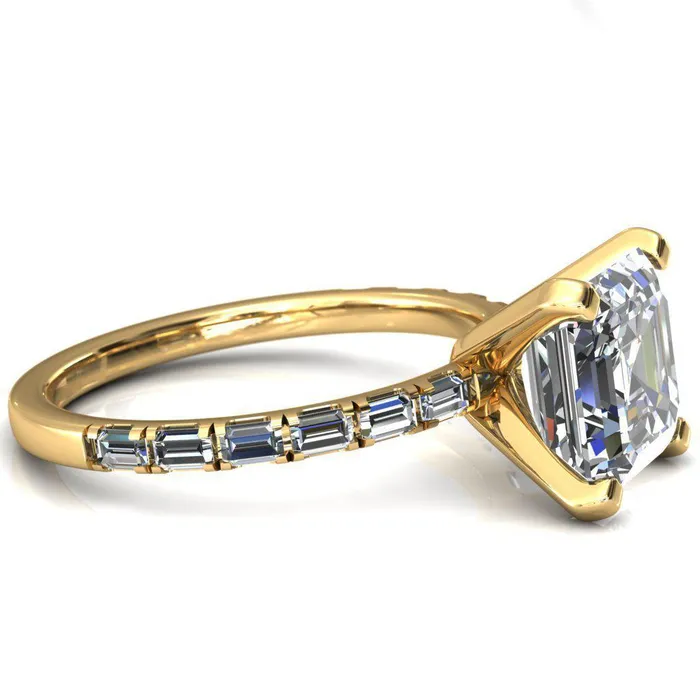 Fire Brilliance Rings Judie Asscher Moissanite 4 VProng 12 Micropav Baguette Diamond Accent Engagement Ring