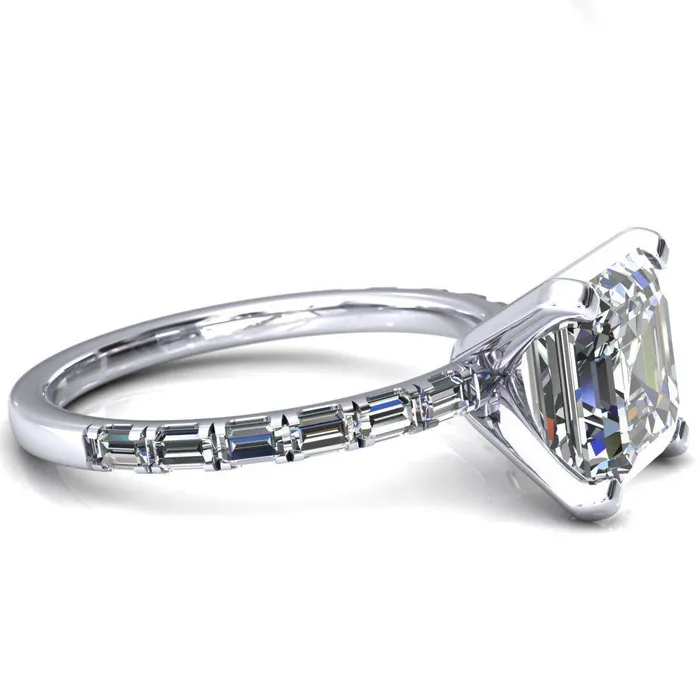 Fire Brilliance Rings Judie Asscher Moissanite 4 VProng 12 Micropav Baguette Diamond Accent Engagement Ring