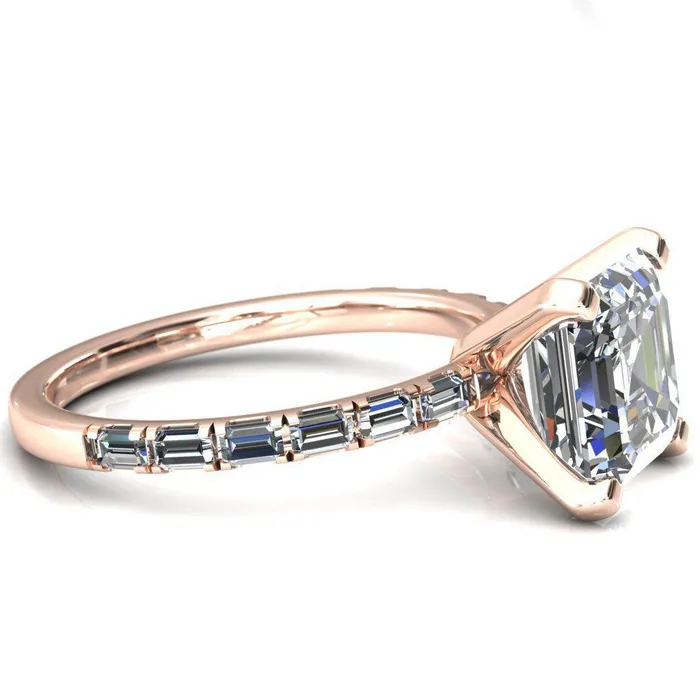 Fire Brilliance Rings Judie Asscher Moissanite 4 VProng 12 Micropav Baguette Diamond Accent Engagement Ring