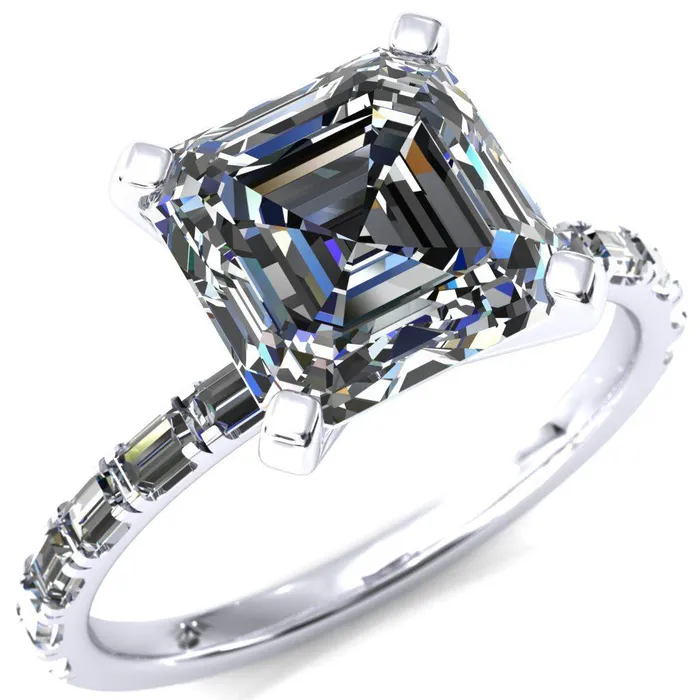 Fire Brilliance Rings Judie Asscher Moissanite 4 VProng 12 Micropav Baguette Diamond Accent Engagement Ring