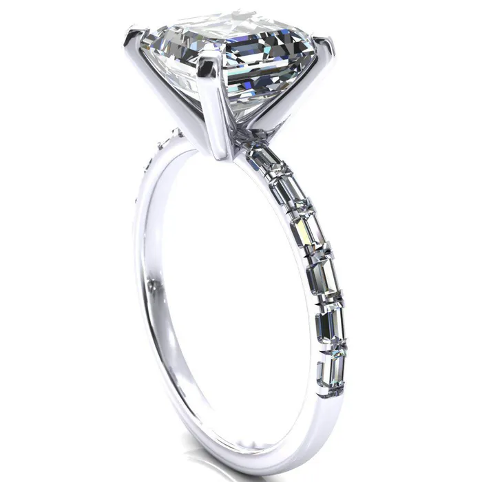Fire Brilliance Rings Judie Asscher Moissanite 4 VProng 12 Micropav Baguette Diamond Accent Engagement Ring