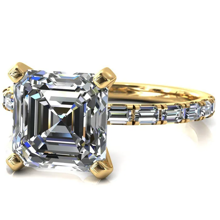 Fire Brilliance Rings Judie Asscher Moissanite 4 VProng 12 Micropav Baguette Diamond Accent Engagement Ring