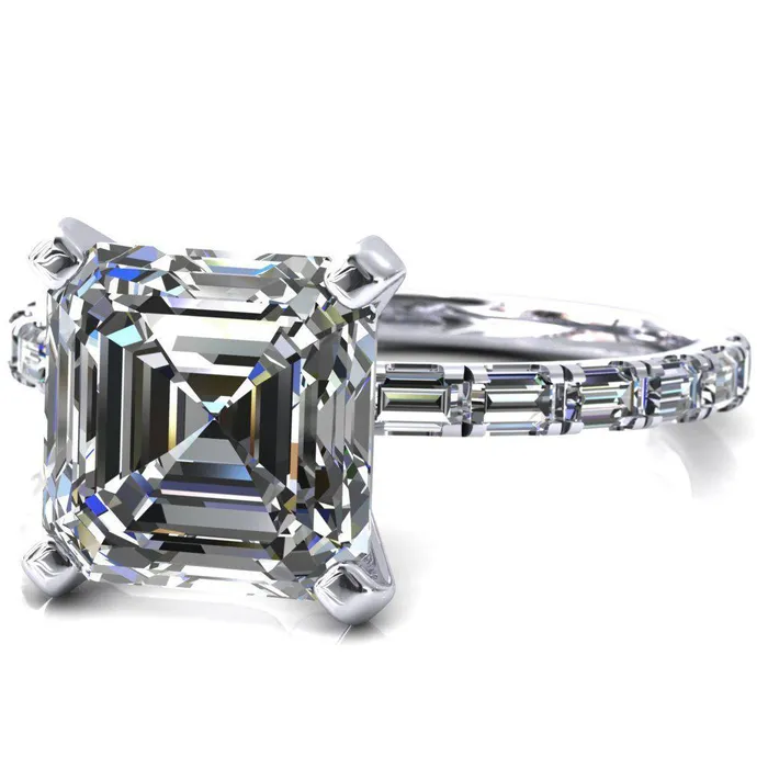 Fire Brilliance Rings Judie Asscher Moissanite 4 VProng 12 Micropav Baguette Diamond Accent Engagement Ring