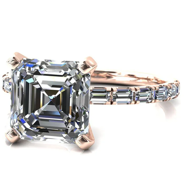 Fire Brilliance Rings Judie Asscher Moissanite 4 VProng 12 Micropav Baguette Diamond Accent Engagement Ring