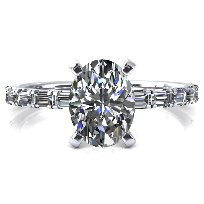 Fire Brilliance Rings Judie Oval Center Stone 4 VProng 12 Micropav Baguette Diamond Accent Engagement Ring