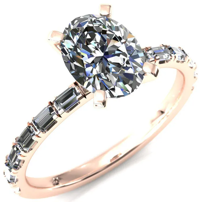 Fire Brilliance Rings Judie Oval Center Stone 4 VProng 12 Micropav Baguette Diamond Accent Engagement Ring