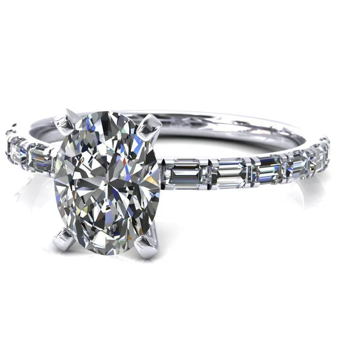 Fire Brilliance Rings Judie Oval Center Stone 4 VProng 12 Micropav Baguette Diamond Accent Engagement Ring