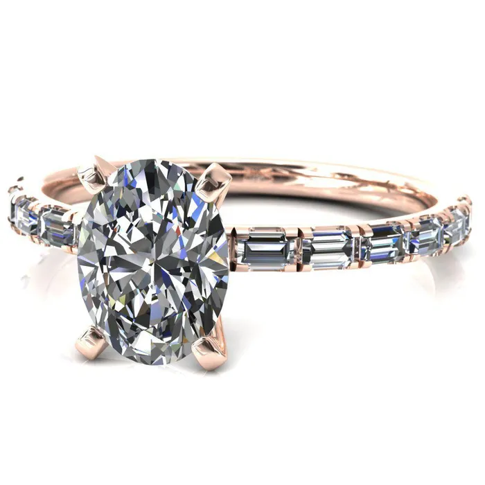 Fire Brilliance Rings Judie Oval Center Stone 4 VProng 12 Micropav Baguette Diamond Accent Engagement Ring