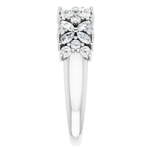 Fire Brilliance Rings Juliette Round and Marquise Diamond or Moissanite 12 Eternity Floral Wedding Anniversary Band