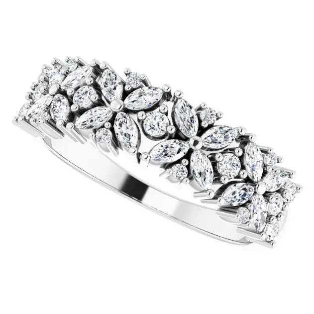 Fire Brilliance Rings Juliette Round and Marquise Diamond or Moissanite 12 Eternity Floral Wedding Anniversary Band