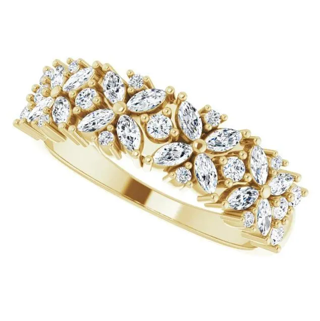 Fire Brilliance Rings Juliette Round and Marquise Diamond or Moissanite 12 Eternity Floral Wedding Anniversary Band