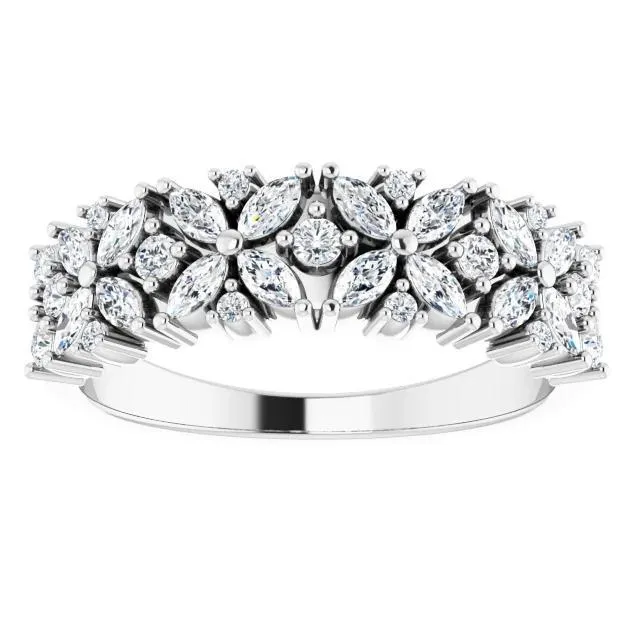 Fire Brilliance Rings Juliette Round and Marquise Diamond or Moissanite 12 Eternity Floral Wedding Anniversary Band