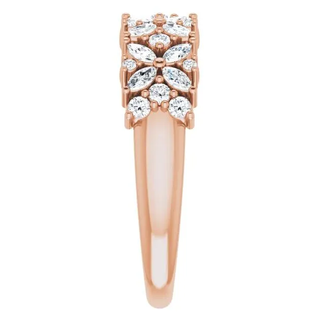 Fire Brilliance Rings Juliette Round and Marquise Diamond or Moissanite 12 Eternity Floral Wedding Anniversary Band