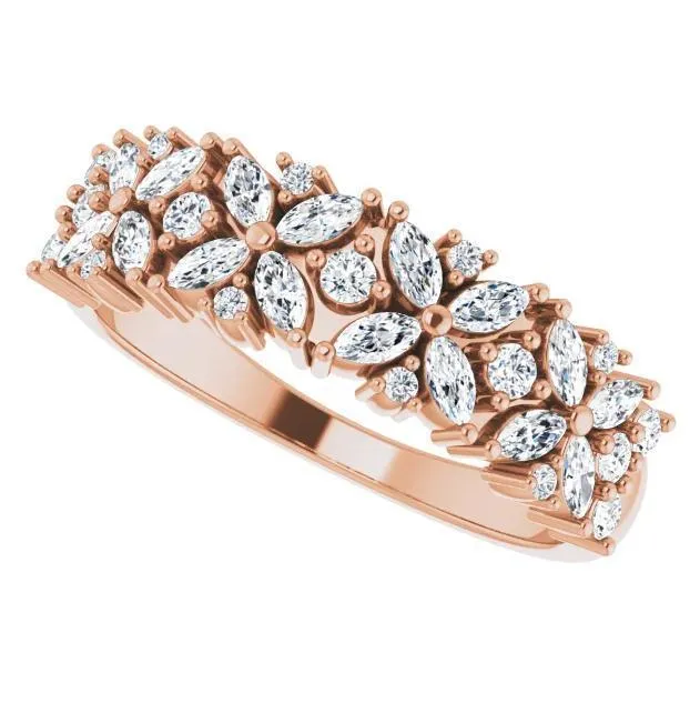 Fire Brilliance Rings Juliette Round and Marquise Diamond or Moissanite 12 Eternity Floral Wedding Anniversary Band