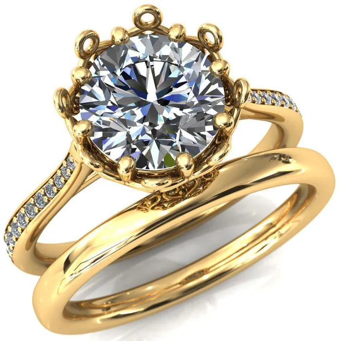 Fire Brilliance Rings Katherine Round Center Stone Bezel Filigree Heart Crown Diamond Neck Channel Set Ring