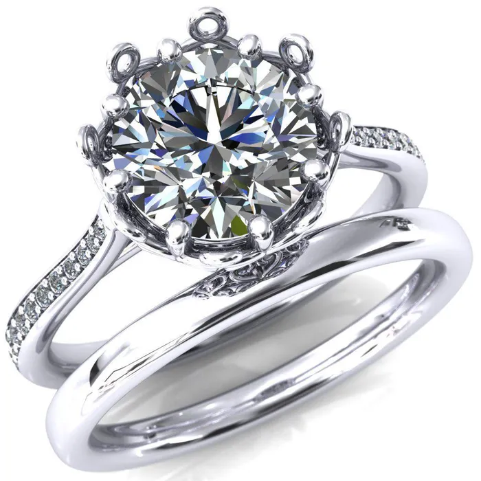 Fire Brilliance Rings Katherine Round Center Stone Bezel Filigree Heart Crown Diamond Neck Channel Set Ring