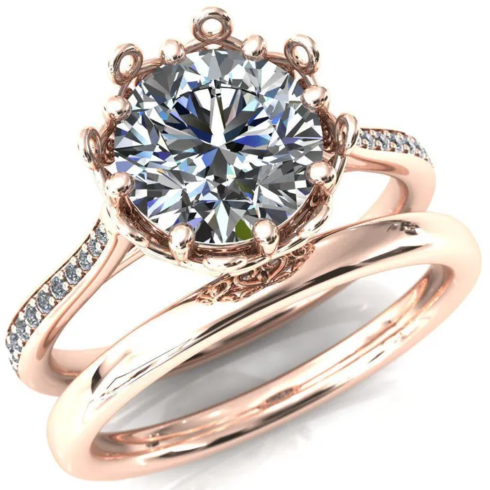 Fire Brilliance Rings Katherine Round Center Stone Bezel Filigree Heart Crown Diamond Neck Channel Set Ring