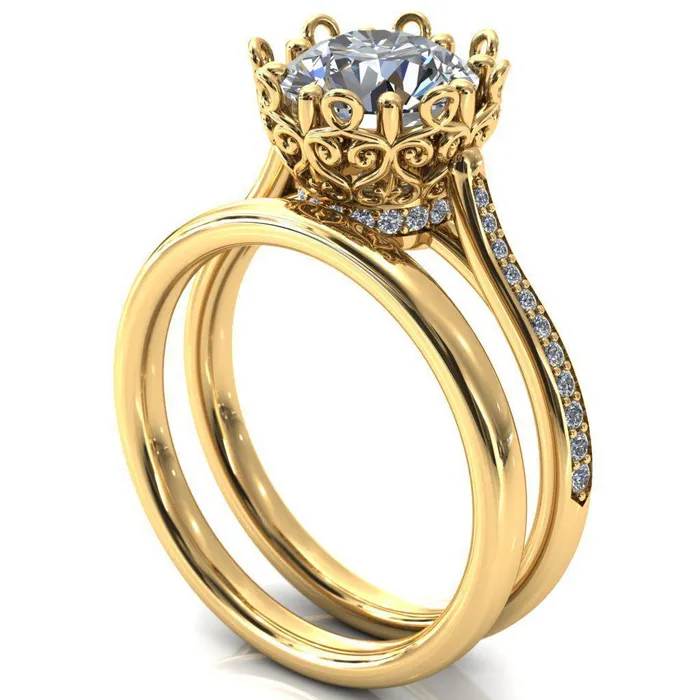 Fire Brilliance Rings Katherine Round Center Stone Bezel Filigree Heart Crown Diamond Neck Channel Set Ring