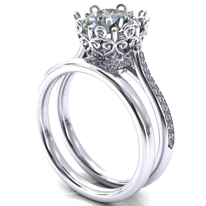 Fire Brilliance Rings Katherine Round Center Stone Bezel Filigree Heart Crown Diamond Neck Channel Set Ring