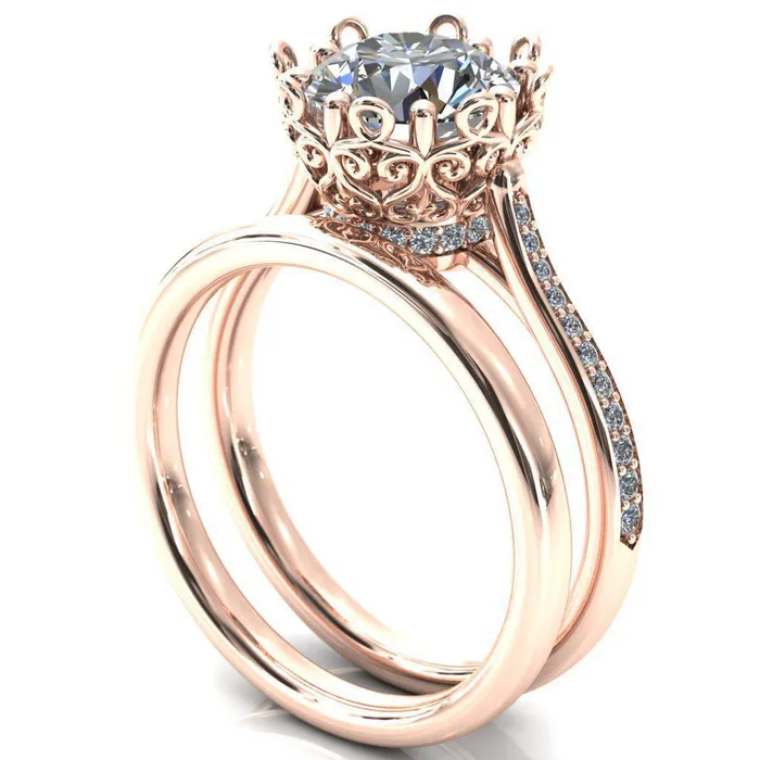 Fire Brilliance Rings Katherine Round Center Stone Bezel Filigree Heart Crown Diamond Neck Channel Set Ring