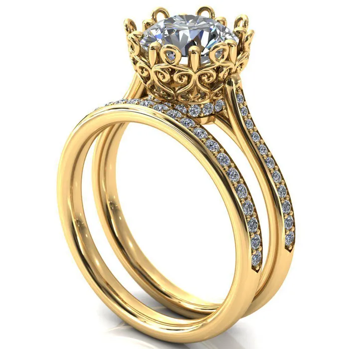 Fire Brilliance Rings Katherine Round Center Stone Bezel Filigree Heart Crown Diamond Neck Channel Set Ring