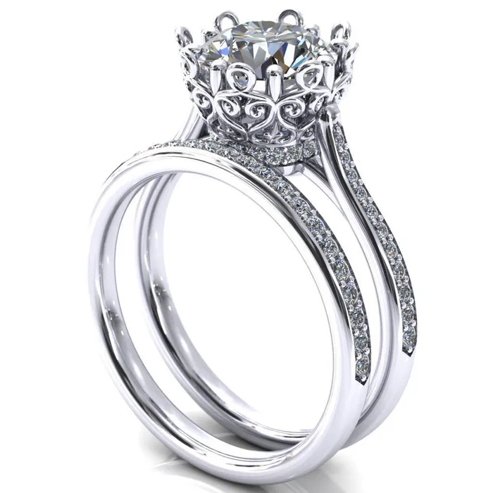 Fire Brilliance Rings Katherine Round Center Stone Bezel Filigree Heart Crown Diamond Neck Channel Set Ring