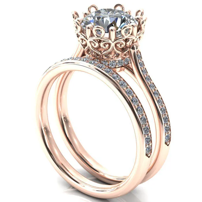Fire Brilliance Rings Katherine Round Center Stone Bezel Filigree Heart Crown Diamond Neck Channel Set Ring