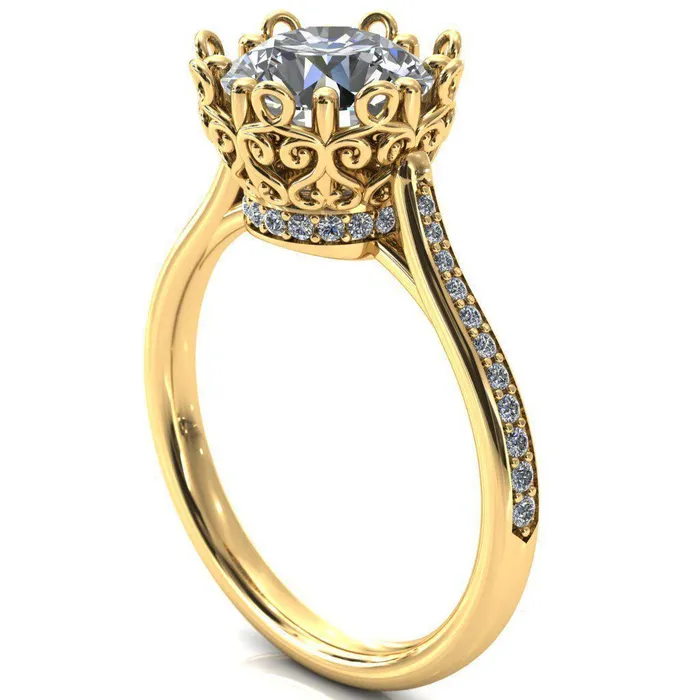 Fire Brilliance Rings Katherine Round Center Stone Bezel Filigree Heart Crown Diamond Neck Channel Set Ring