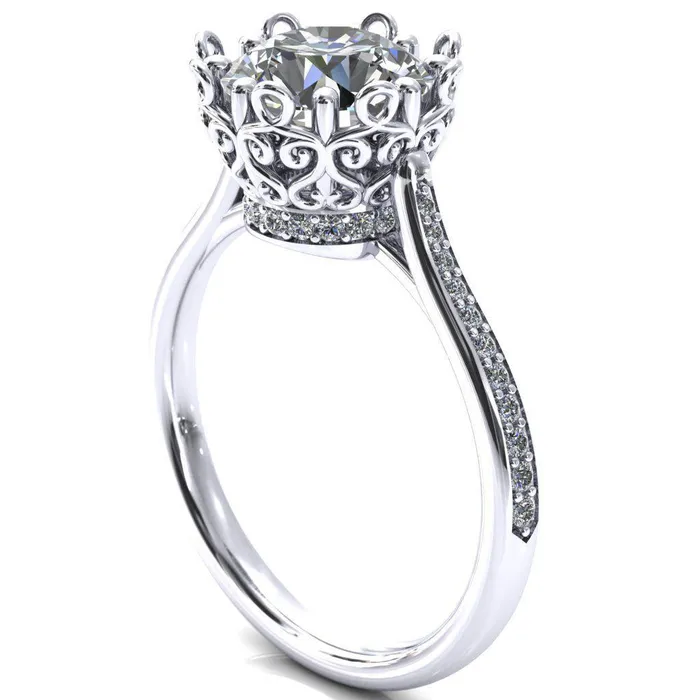 Fire Brilliance Rings Katherine Round Center Stone Bezel Filigree Heart Crown Diamond Neck Channel Set Ring