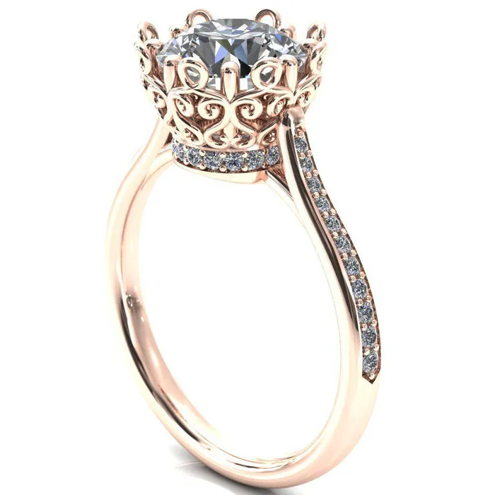 Fire Brilliance Rings Katherine Round Center Stone Bezel Filigree Heart Crown Diamond Neck Channel Set Ring