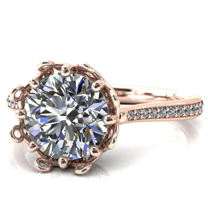 Fire Brilliance Rings Katherine Round Center Stone Bezel Filigree Heart Crown Diamond Neck Channel Set Ring