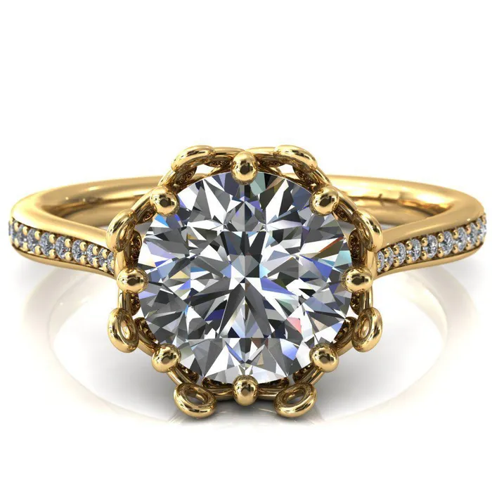 Fire Brilliance Rings Katherine Round Center Stone Bezel Filigree Heart Crown Diamond Neck Channel Set Ring