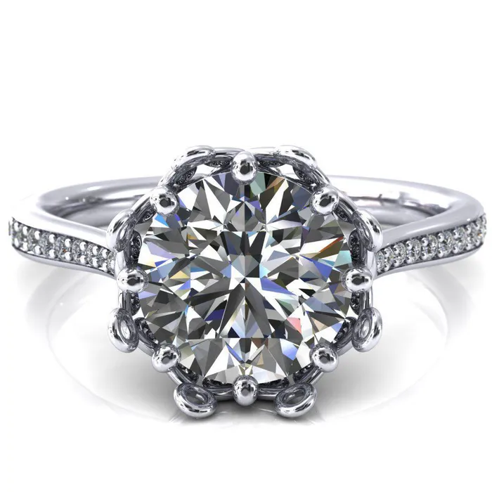 Fire Brilliance Rings Katherine Round Center Stone Bezel Filigree Heart Crown Diamond Neck Channel Set Ring