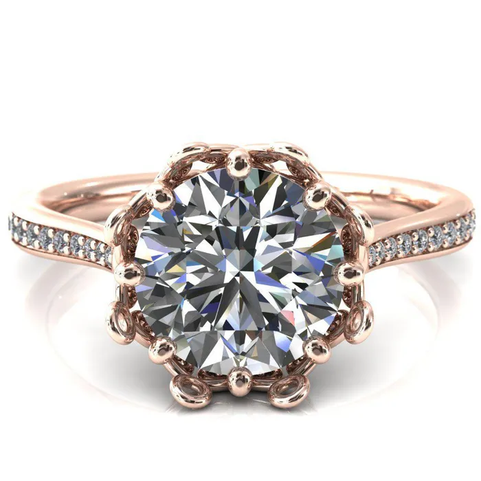 Fire Brilliance Rings Katherine Round Center Stone Bezel Filigree Heart Crown Diamond Neck Channel Set Ring