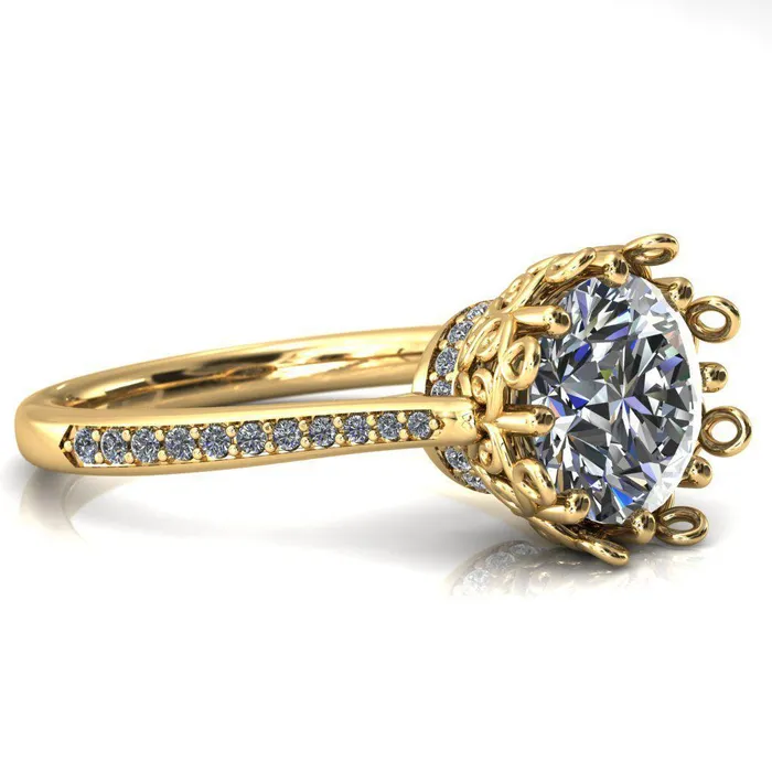 Fire Brilliance Rings Katherine Round Center Stone Bezel Filigree Heart Crown Diamond Neck Channel Set Ring