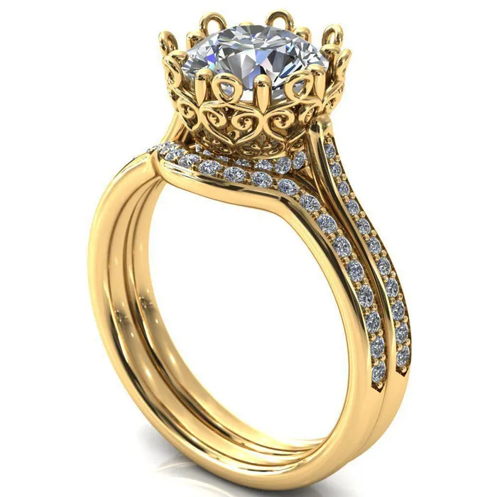 Fire Brilliance Rings Katherine Round Center Stone Bezel Filigree Heart Crown Diamond Neck Channel Set Ring