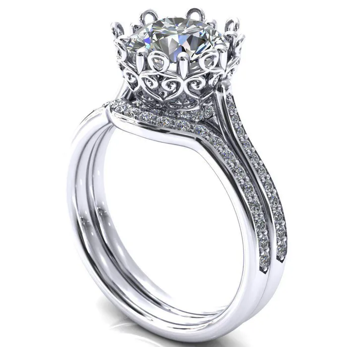 Fire Brilliance Rings Katherine Round Center Stone Bezel Filigree Heart Crown Diamond Neck Channel Set Ring