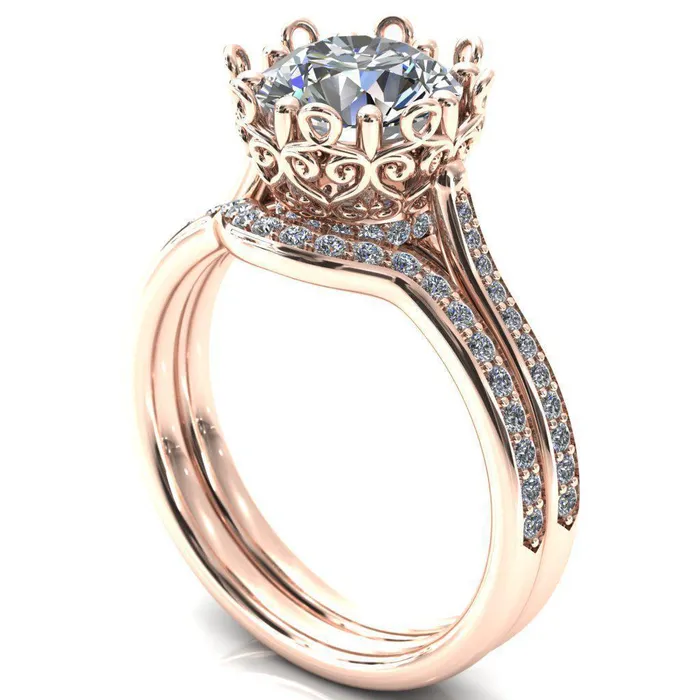 Fire Brilliance Rings Katherine Round Center Stone Bezel Filigree Heart Crown Diamond Neck Channel Set Ring