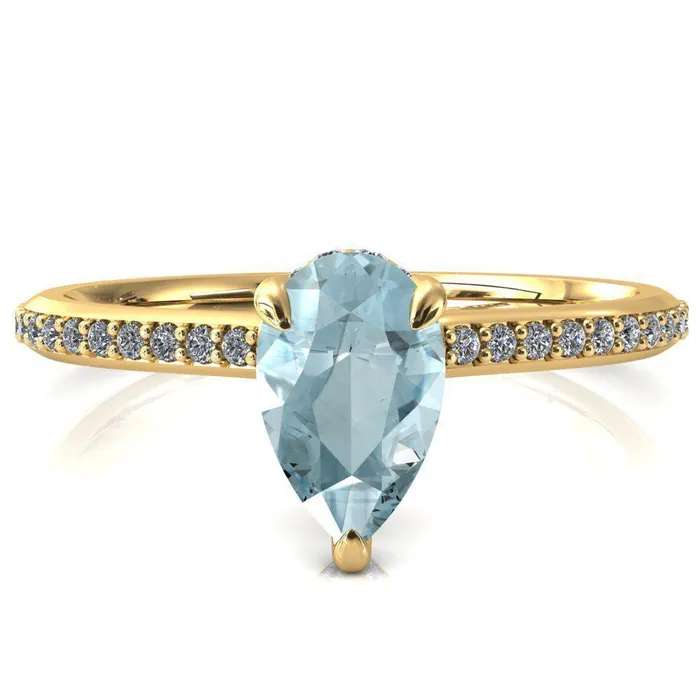 Fire Brilliance Rings Kiki Pear Aqua Blue Spinel 3 Prongs Claw Floating Halo 12 Pinpoint Inverted Cathedral Ring