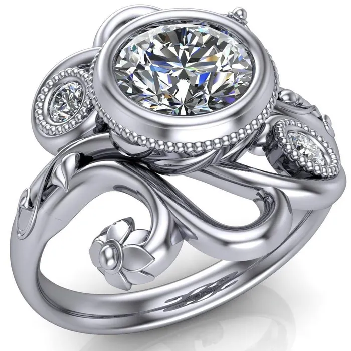 Fire Brilliance Rings Kristy Round Center Stone Custom Floral Milgrain Cocktail with Diamond Bezels Ring Fire Brilliance Rings Kristy Round Center Stone Custom Floral Milgrain Cocktail with Diamond Bezels Ring