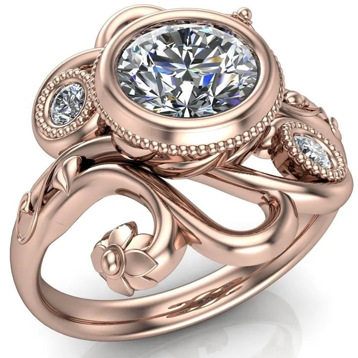 Fire Brilliance Rings Kristy Round Center Stone Custom Floral Milgrain Cocktail with Diamond Bezels Ring