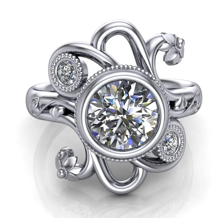 Fire Brilliance Rings Kristy Round Center Stone Custom Floral Milgrain Cocktail with Diamond Bezels Ring