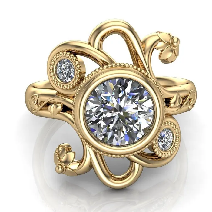Fire Brilliance Rings Kristy Round Center Stone Custom Floral Milgrain Cocktail with Diamond Bezels Ring