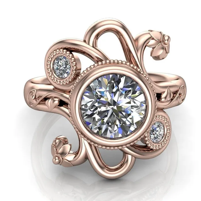 Fire Brilliance Rings Kristy Round Center Stone Custom Floral Milgrain Cocktail with Diamond Bezels Ring