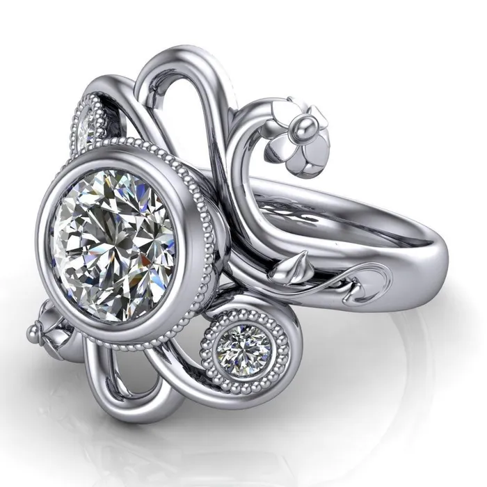 Fire Brilliance Rings Kristy Round Center Stone Custom Floral Milgrain Cocktail with Diamond Bezels Ring
