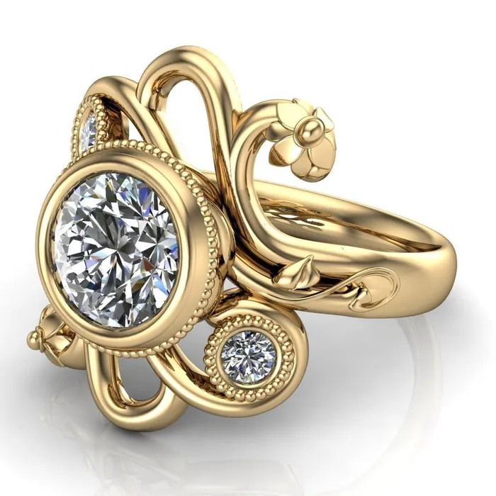 Fire Brilliance Rings Kristy Round Center Stone Custom Floral Milgrain Cocktail with Diamond Bezels Ring