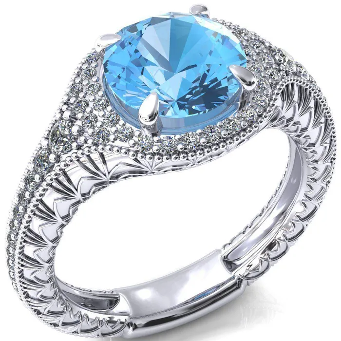Fire Brilliance Rings Kylee Round Aqua Blue Spinel Accent Diamond Milgrain and Filigree Design 4 Prong Engagement Ring