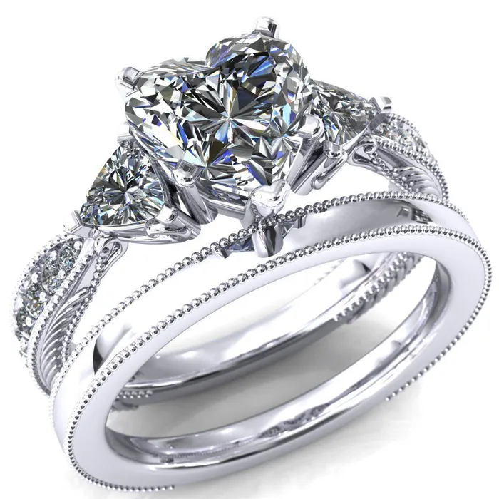 Fire Brilliance Rings Liah Heart Moissanite Side Trillion Milgrain Shank Diamond Ring