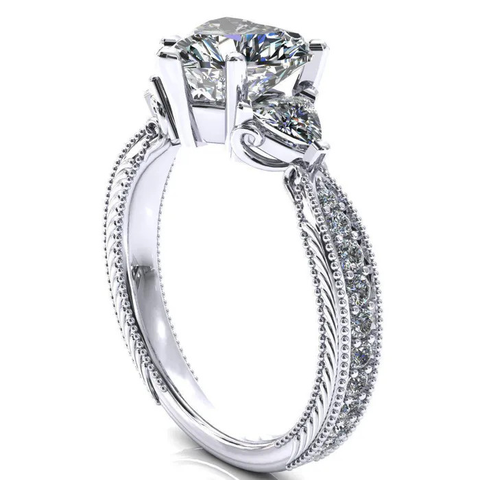 Fire Brilliance Rings Liah Heart Moissanite Side Trillion Milgrain Shank Diamond Ring