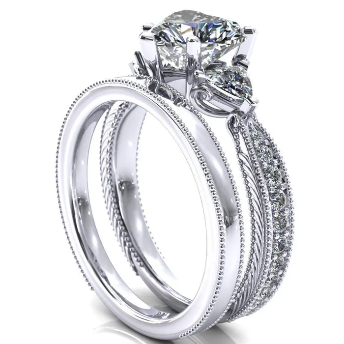 Fire Brilliance Rings Liah Heart Moissanite Side Trillion Milgrain Shank Diamond Ring